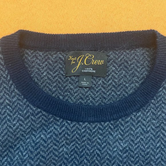 J Crew 100% Cashmere Herringbone Jacquard Sweater, Navy Flint Blue Size L - Picture 2 of 3